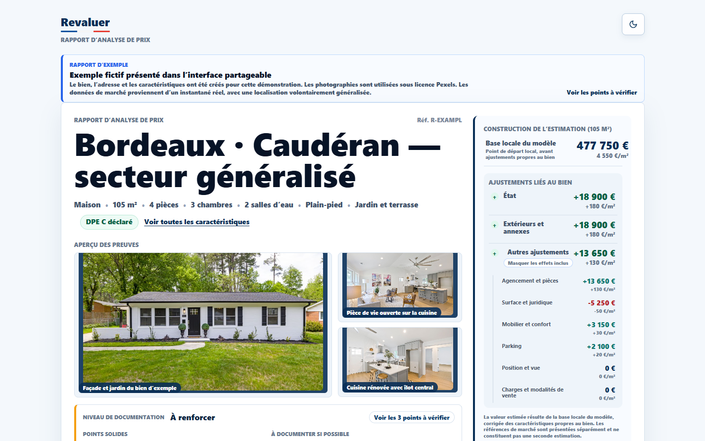 Aperçu du rapport interactif montrant une maison de démonstration, sa valeur et ses preuves photographiques